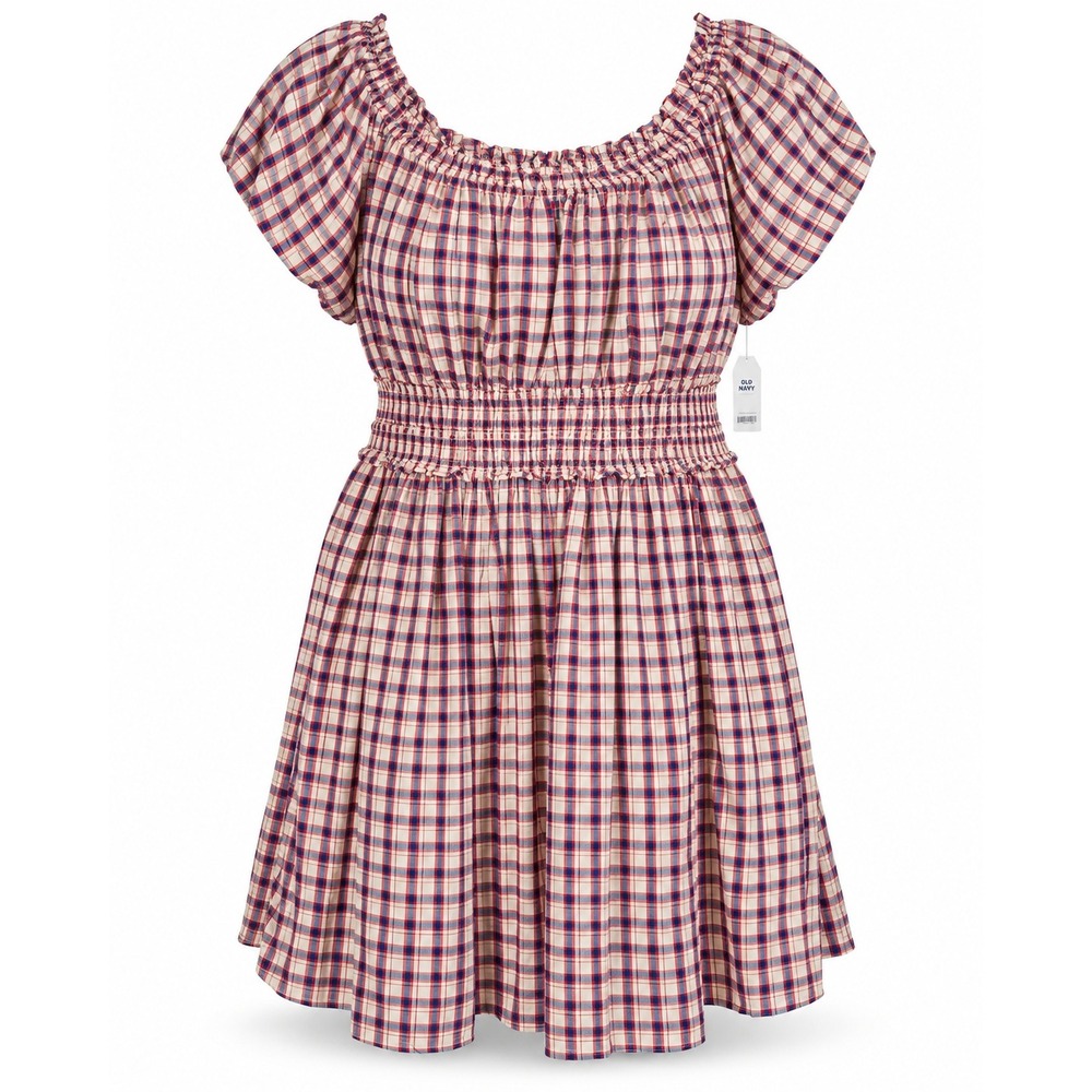 NWT Time and Tru Plaid Mini Peasant Dress XXXL 22 Beige Cotton Smocked Waist